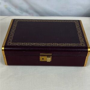 Vintage 60s  Farrington Leatherette Textol  Red Brown Jewelry Box  Green Velvet
